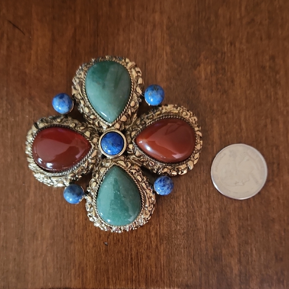 Vintage Landau Gold Brooch with Green, Red & Blue Accents